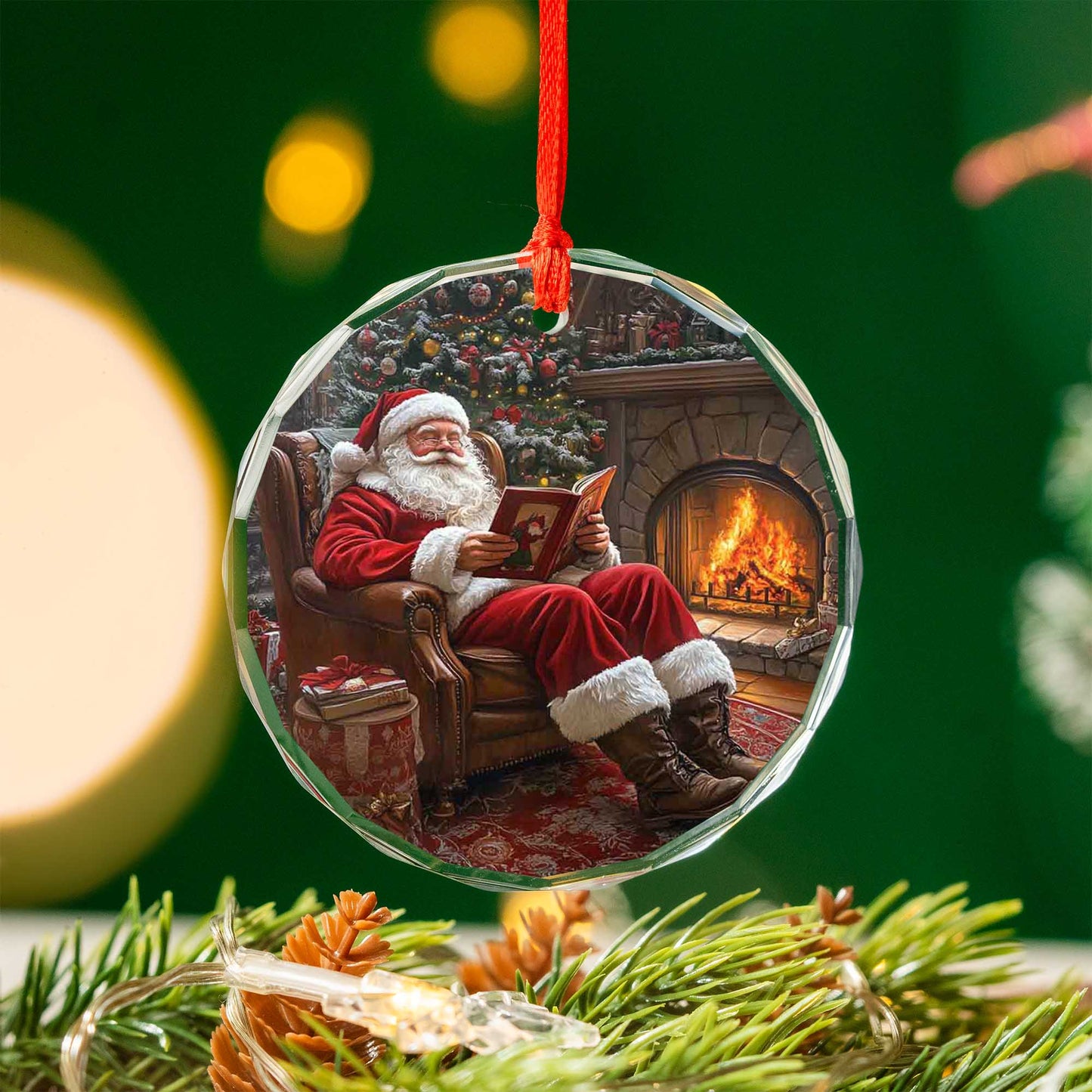 Netecom Santa Claus Glass Ornament – Relaxing by the Fire, Christmas Tree Decoration, Perfect Holiday Gift, 3 in