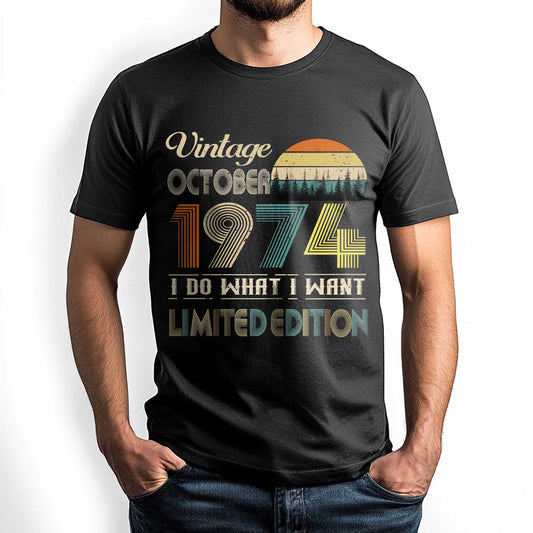 Netecom Vintage October 1974 T-Shirt, Retro Style Birthday Tee for Men, Meaningful Birthday Gift for October Born