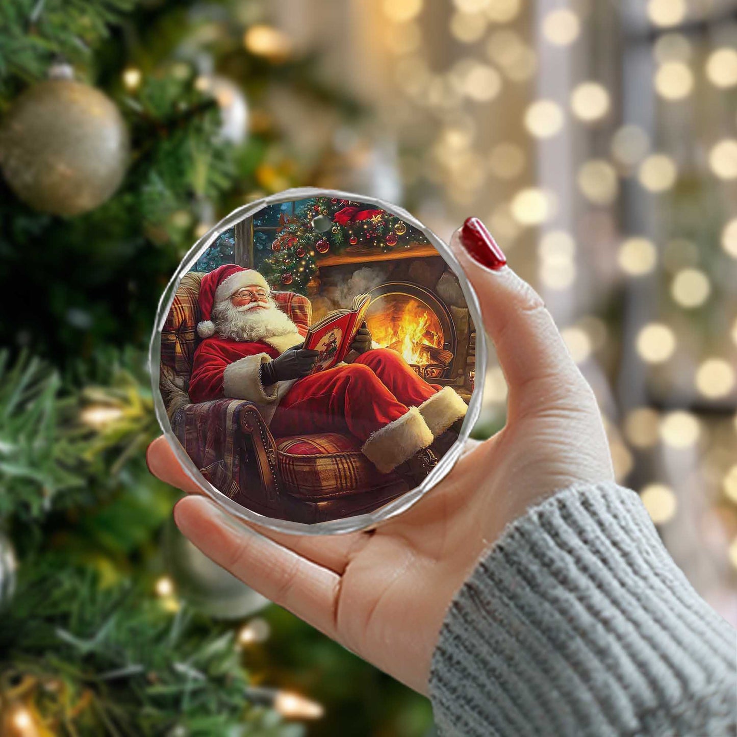 Netecom Santa Claus Reading Glass Ornament – Christmas Tree Decoration, Holiday Keepsake Gift, 3 in