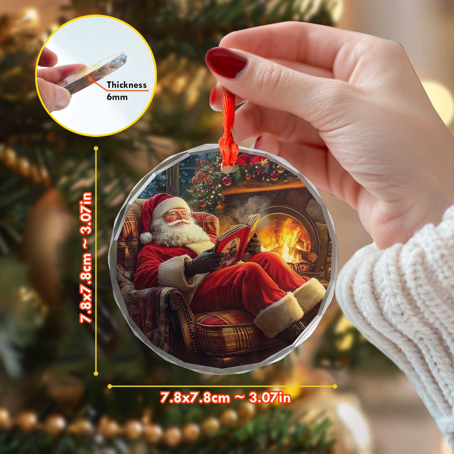 Netecom Santa Claus Reading Glass Ornament – Christmas Tree Decoration, Holiday Keepsake Gift, 3 in