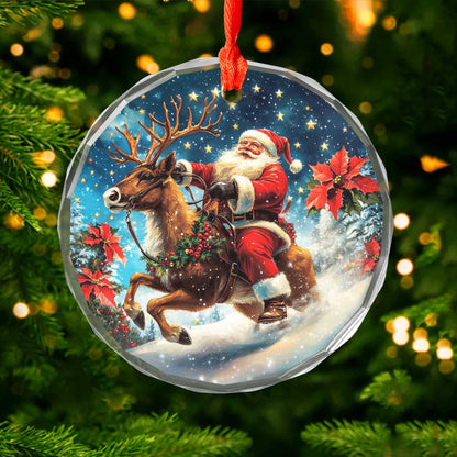 Netecom Santa Claus Riding Reindeer Glass Ornament – Christmas Tree Decoration, Holiday Keepsake Gift, 3 in