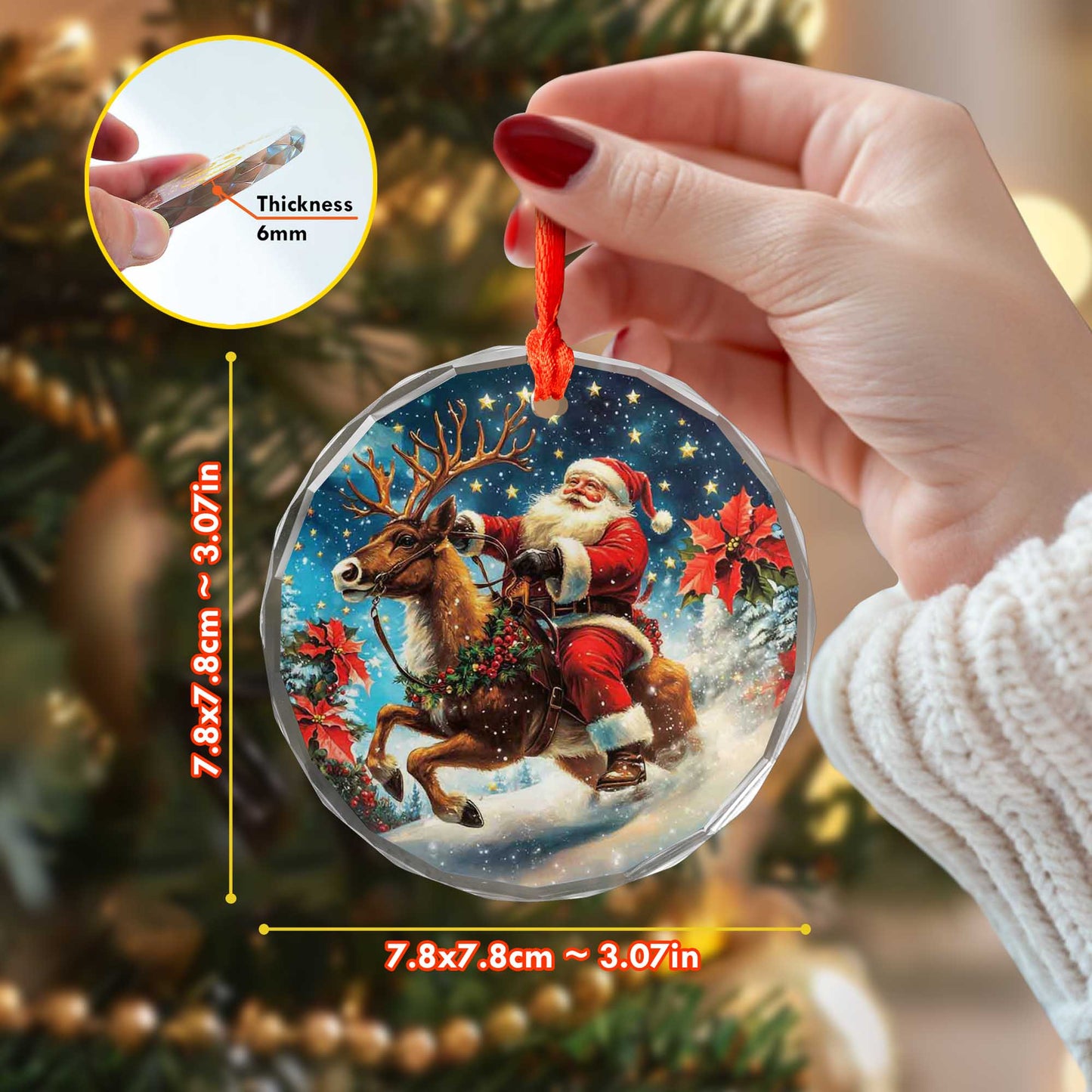 Netecom Santa Claus Riding Reindeer Glass Ornament – Christmas Tree Decoration, Holiday Keepsake Gift, 3 in
