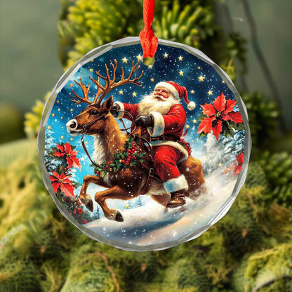 Netecom Santa Claus Riding Reindeer Glass Ornament – Christmas Tree Decoration, Holiday Keepsake Gift, 3 in