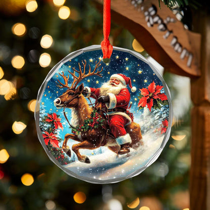 Netecom Santa Claus Riding Reindeer Glass Ornament – Christmas Tree Decoration, Holiday Keepsake Gift, 3 in
