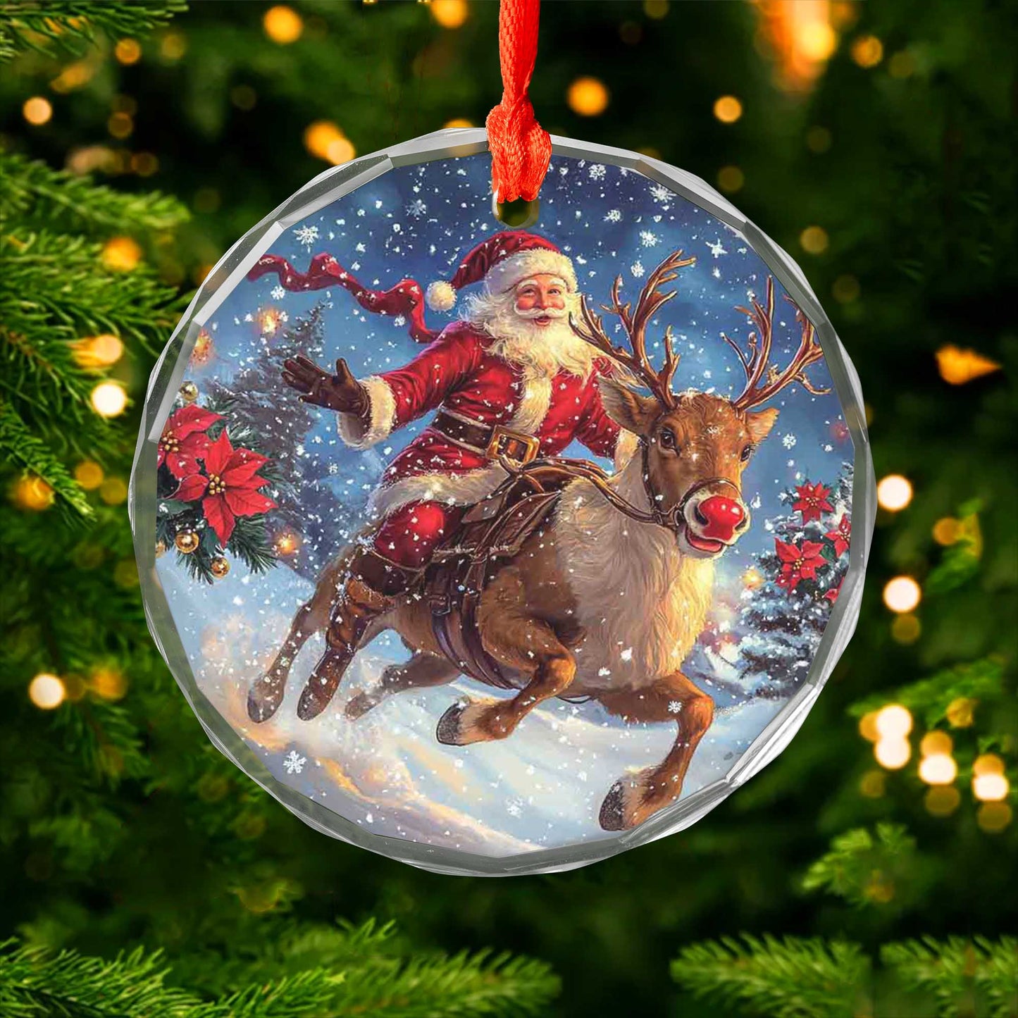 Netecom Santa Claus on Reindeer Glass Ornament – Christmas Tree Decor, Festive Holiday Gift, 3 in