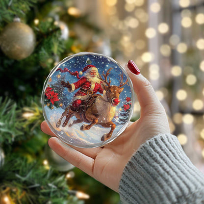 Netecom Santa Claus on Reindeer Glass Ornament – Christmas Tree Decor, Festive Holiday Gift, 3 in