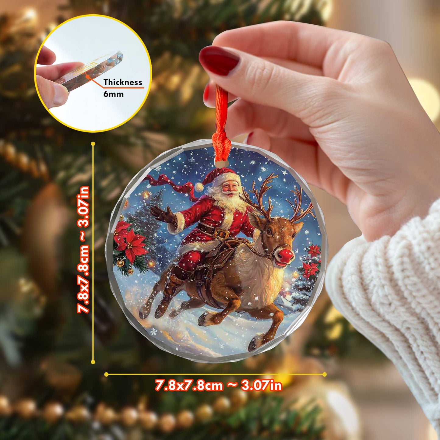 Netecom Santa Claus on Reindeer Glass Ornament – Christmas Tree Decor, Festive Holiday Gift, 3 in