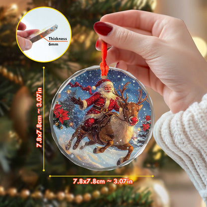 Netecom Santa Claus on Reindeer Glass Ornament – Christmas Tree Decor, Festive Holiday Gift, 3 in