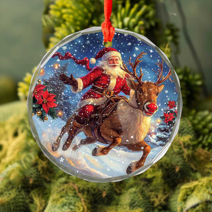 Netecom Santa Claus on Reindeer Glass Ornament – Christmas Tree Decor, Festive Holiday Gift, 3 in