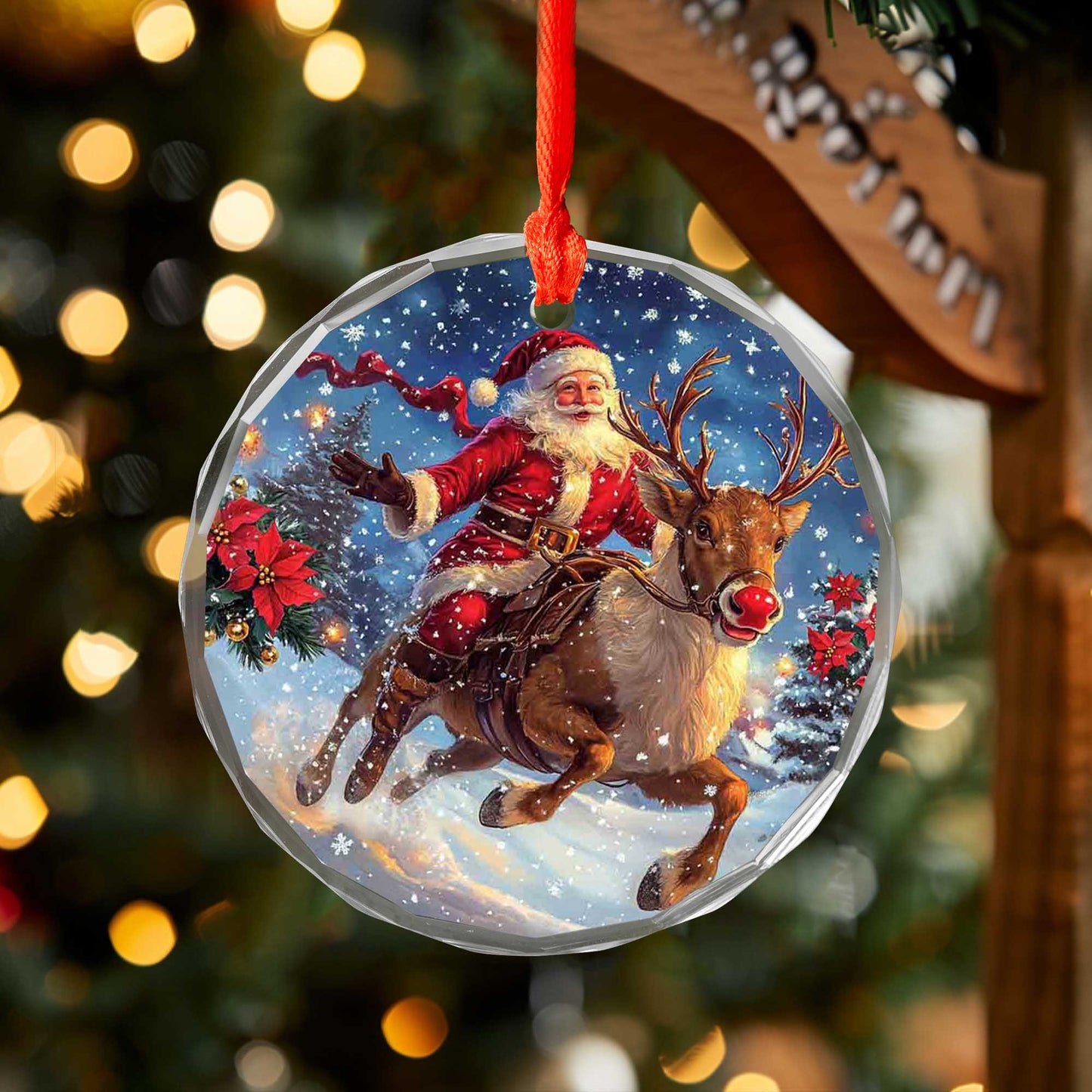 Netecom Santa Claus on Reindeer Glass Ornament – Christmas Tree Decor, Festive Holiday Gift, 3 in