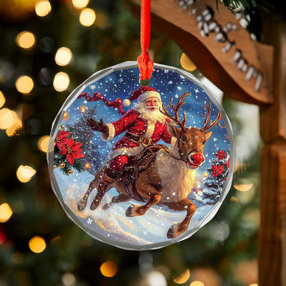 Netecom Santa Claus on Reindeer Glass Ornament – Christmas Tree Decor, Festive Holiday Gift, 3 in