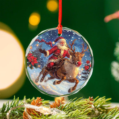 Netecom Santa Claus on Reindeer Glass Ornament – Christmas Tree Decor, Festive Holiday Gift, 3 in