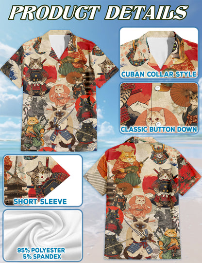 Netecom Matching Japanese Samurai Cat Hawaiian Shirt for Dog and Owner, Aloha Summer Shirt, Samurai Cat Print Outfit for Pet and Human, Beach Vacation Casual Wear