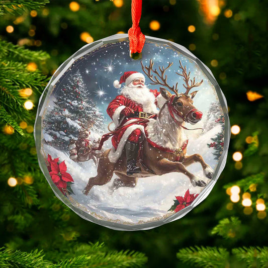 Netecom Santa Claus and Reindeer Glass Ornament – Christmas Tree Decoration, Seasonal Keepsake Gift, 3 in