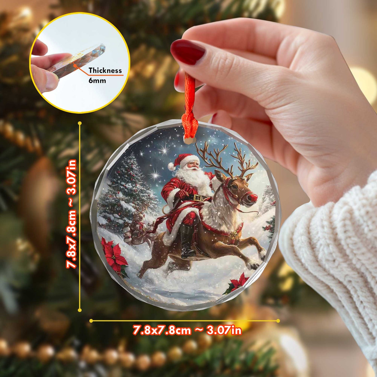 Netecom Santa Claus and Reindeer Glass Ornament – Christmas Tree Decoration, Seasonal Keepsake Gift, 3 in