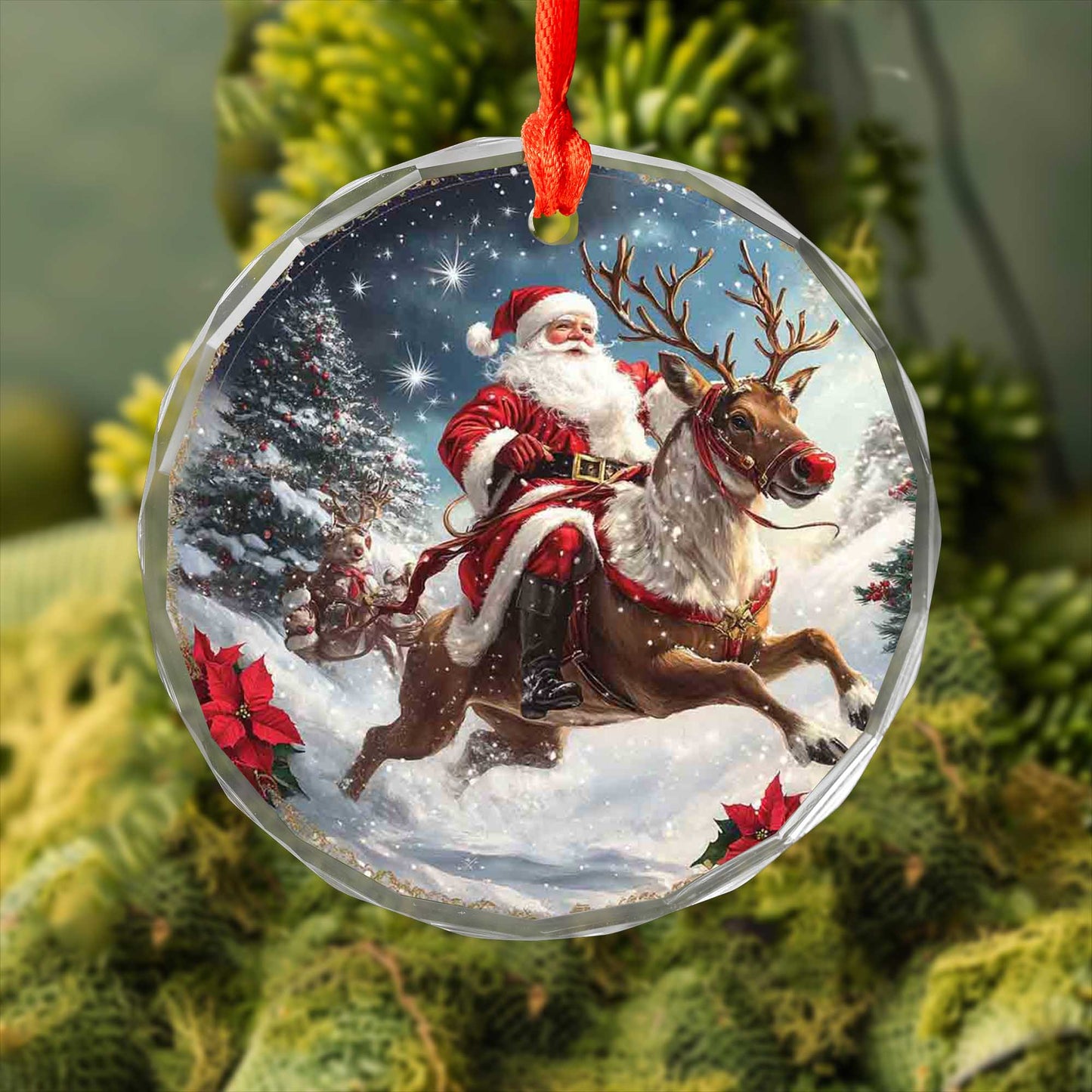 Netecom Santa Claus and Reindeer Glass Ornament – Christmas Tree Decoration, Seasonal Keepsake Gift, 3 in