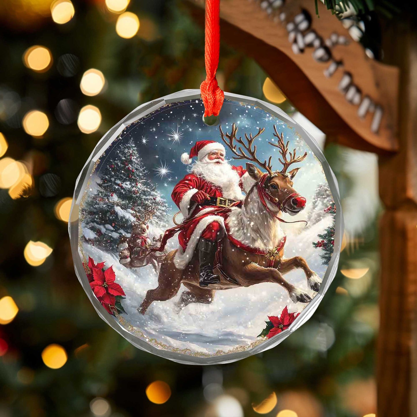 Netecom Santa Claus and Reindeer Glass Ornament – Christmas Tree Decoration, Seasonal Keepsake Gift, 3 in