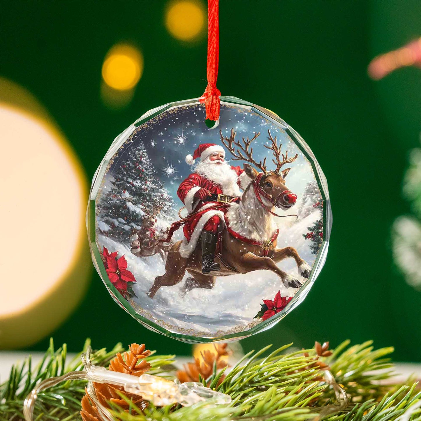Netecom Santa Claus and Reindeer Glass Ornament – Christmas Tree Decoration, Seasonal Keepsake Gift, 3 in