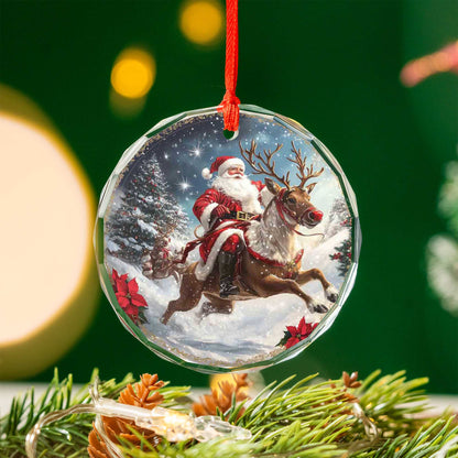 Netecom Santa Claus and Reindeer Glass Ornament – Christmas Tree Decoration, Seasonal Keepsake Gift, 3 in