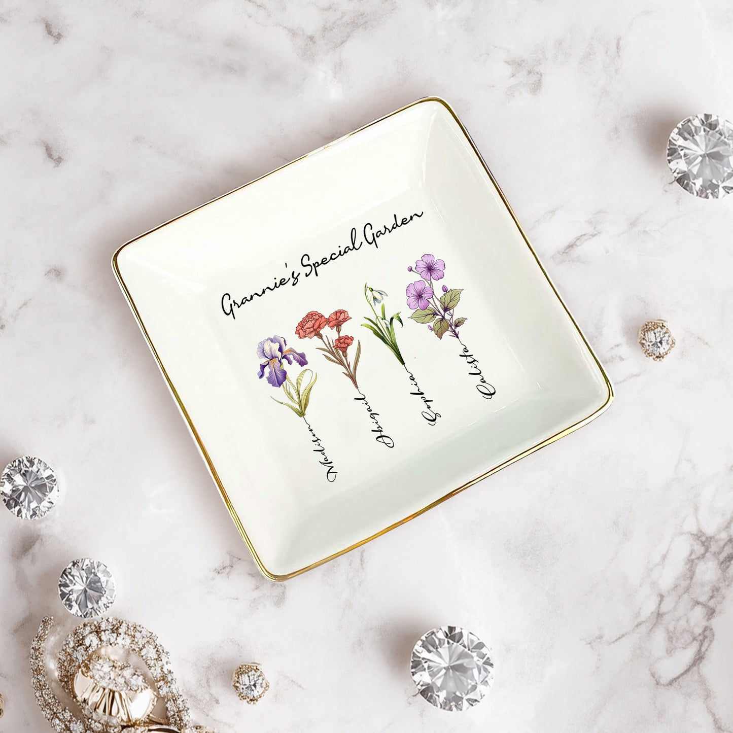 Netecom Custom Birth Month Flower Ceramic Jewelry Tray , Personalized Name Ring Dish , Elegant Gift for Birthday or Mother’s Day