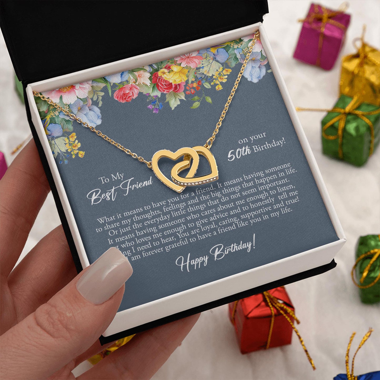 Netecom Personalized 50th Birthday Gifts To My Best Friend Necklace, Custom Message Card with Name, Interlocking Heart Jewelry Gift For Christmas, Present or Women