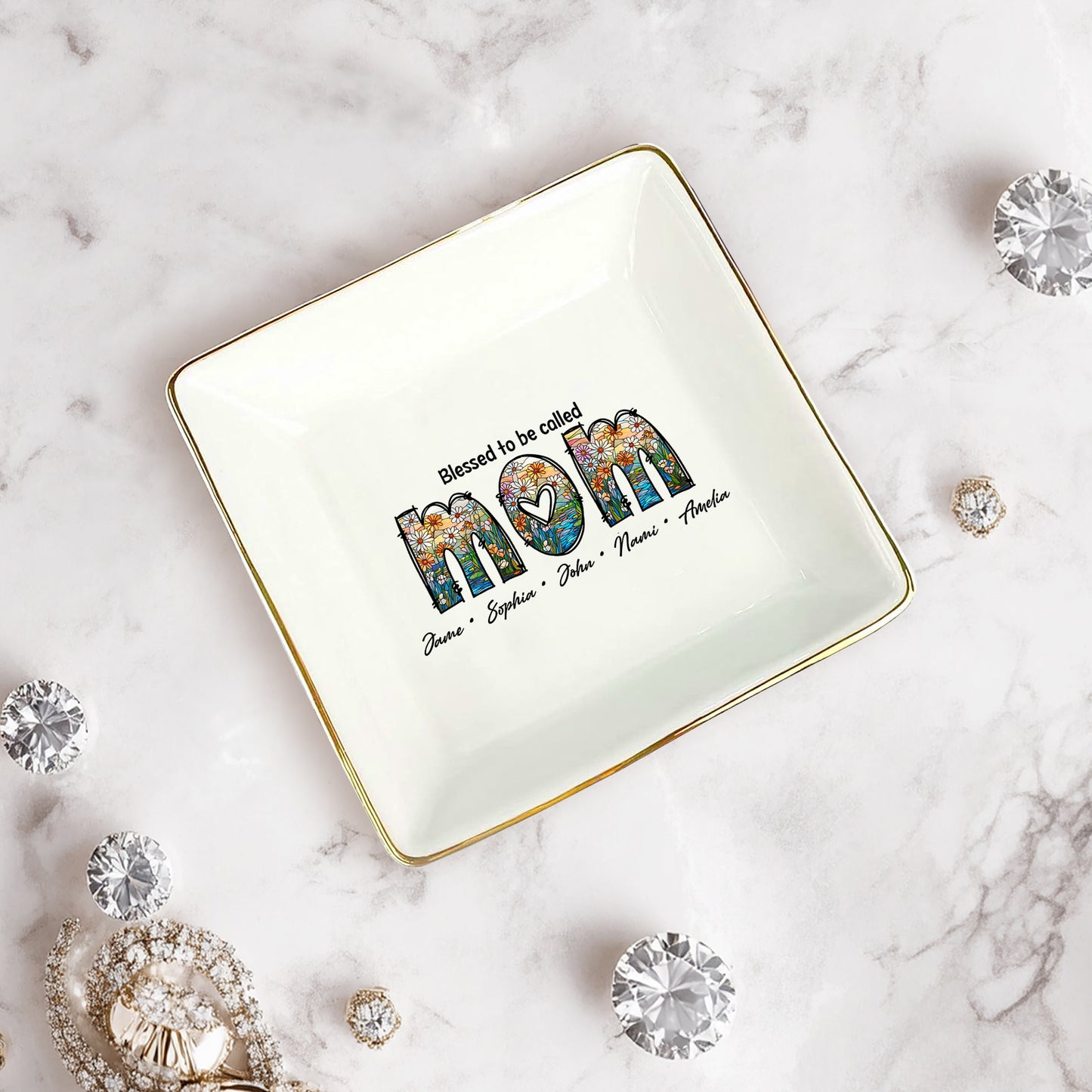 Netecom Gold Rim Trinket Dish with Custom Names under MOM, Unique Mother's Day Keepsake for Her