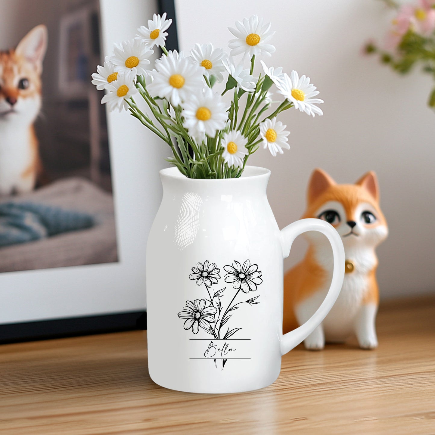 Netecom Custom Birth Month Flower Ceramic Vase with Name Personalization, Minimalist Floral Jug, Perfect Gift for Birthday