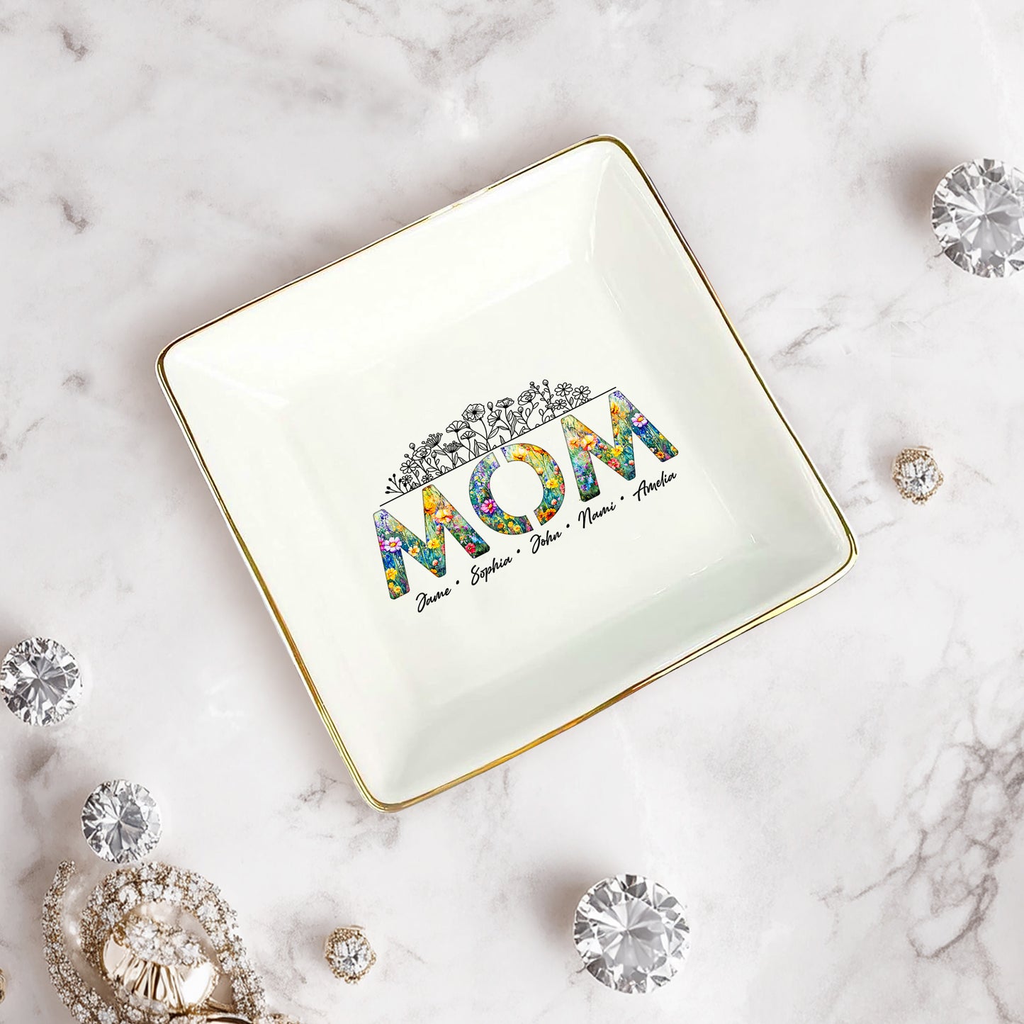Netecom Personalized Floral "MOM" Ceramic Ring Dish , Custom Names Jewelry Tray , Elegant Mother’s Day Gift for Mom & Grandma