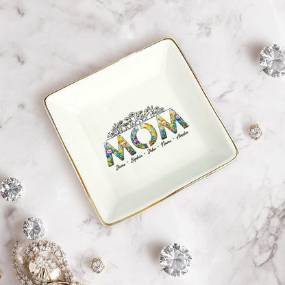 Netecom Personalized Floral "MOM" Ceramic Ring Dish , Custom Names Jewelry Tray , Elegant Mother’s Day Gift for Mom & Grandma