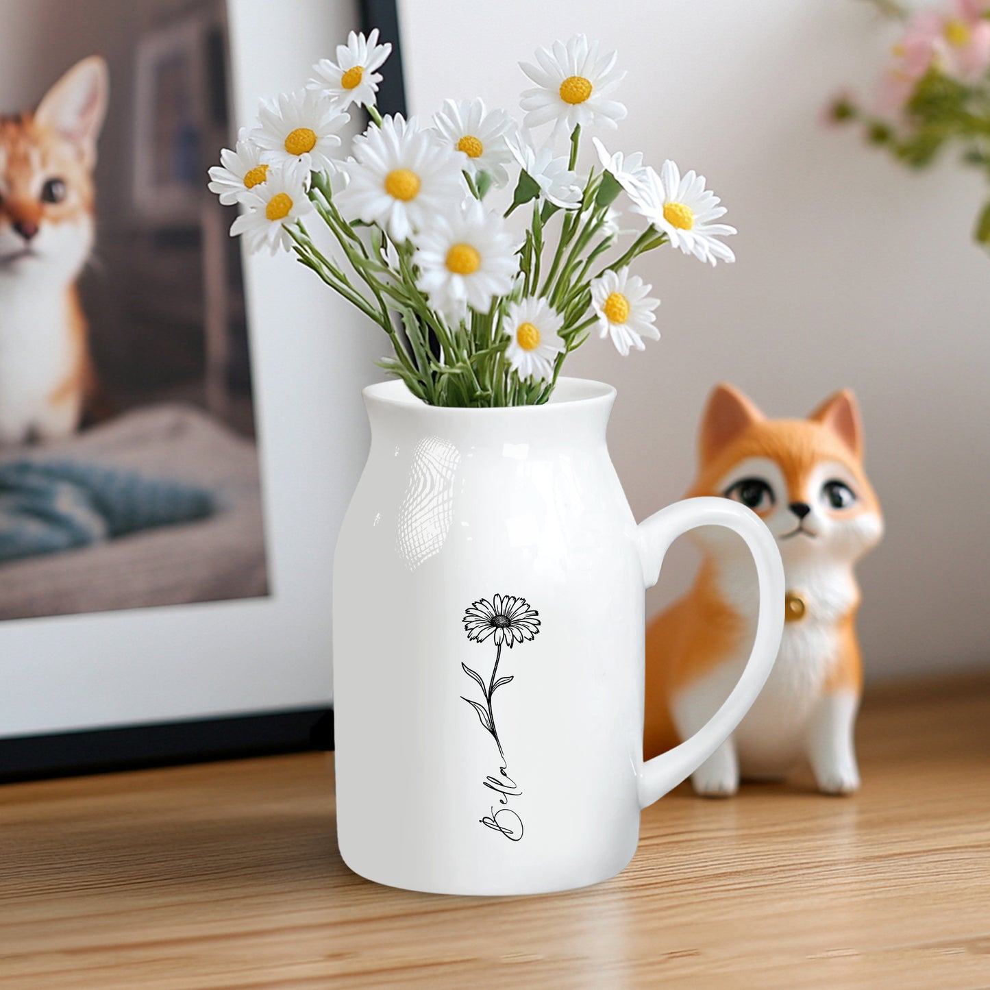Netecom Personalized Birth Flower Ceramic Jug Vase with Custom Name, Elegant Home Decor Pitcher, Unique Gift for Birthday, Mother’s Day, or Christmas
