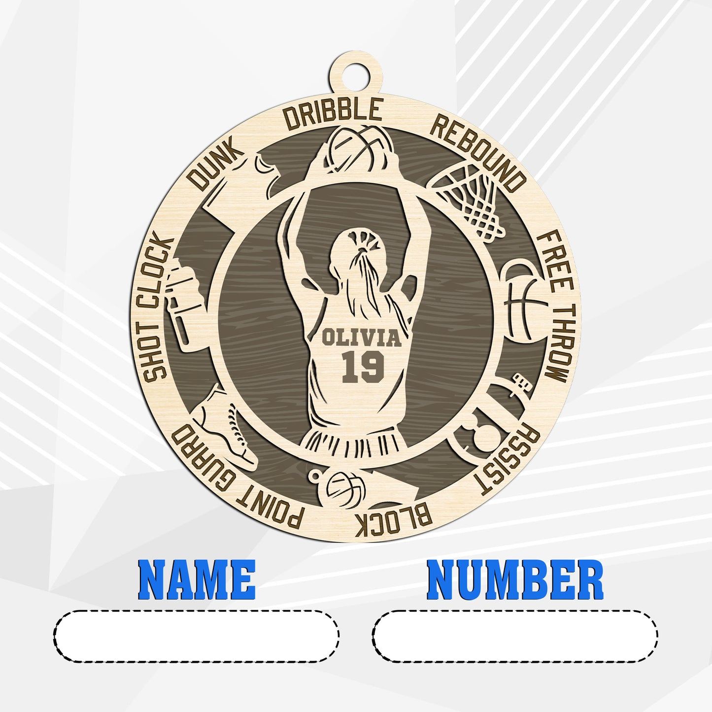 Netecom Custom Basketball Ornament – Personalized Wooden Ornament with Player Name & Action Terms
