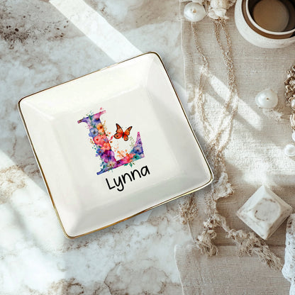 Netecom Personalized Floral Initial Jewelry Tray, Custom Ceramic Tray for Jewelry Storage or as a Gift for Special Occasions