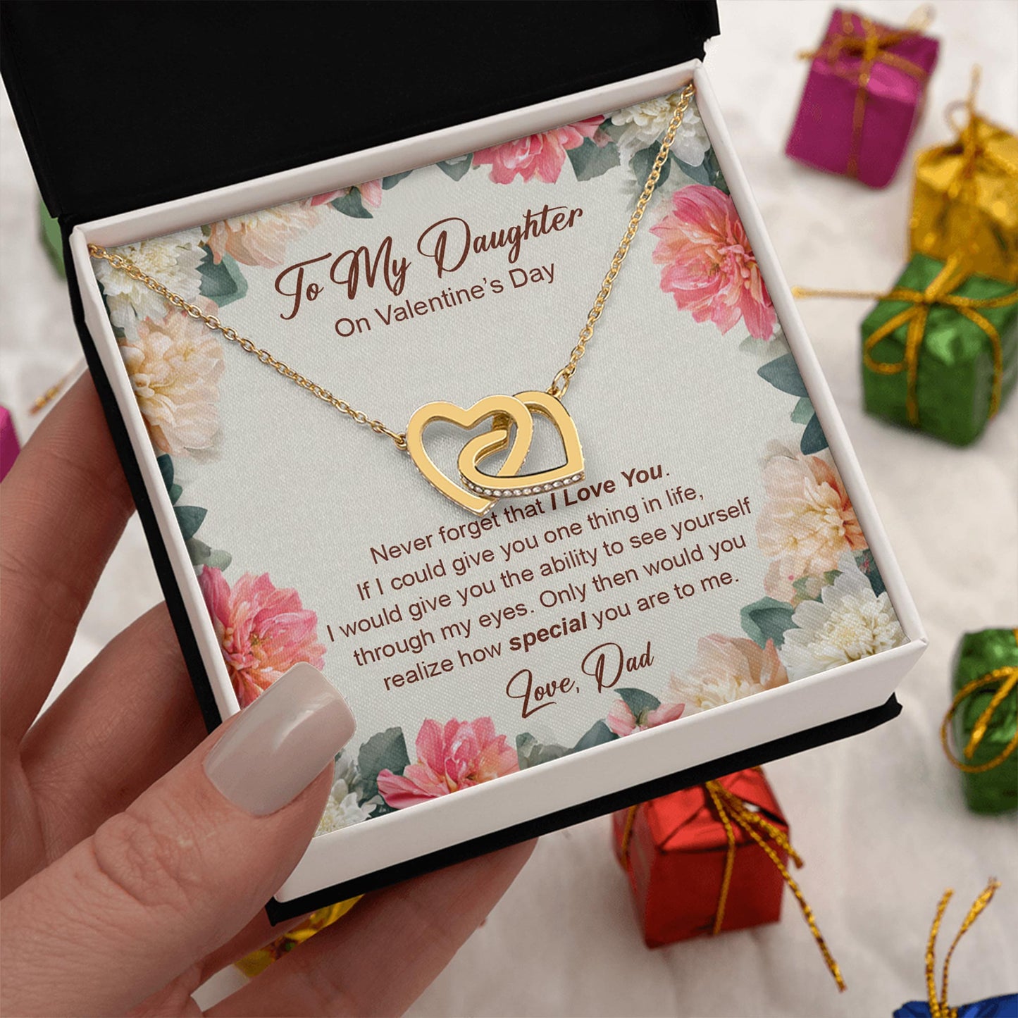 Netecom Personalized To My Daughter on Valentines Day Necklace from Dad, Custom Message Card with Name, Interlocking Heart Jewelry Gift for Birthday, Christmas