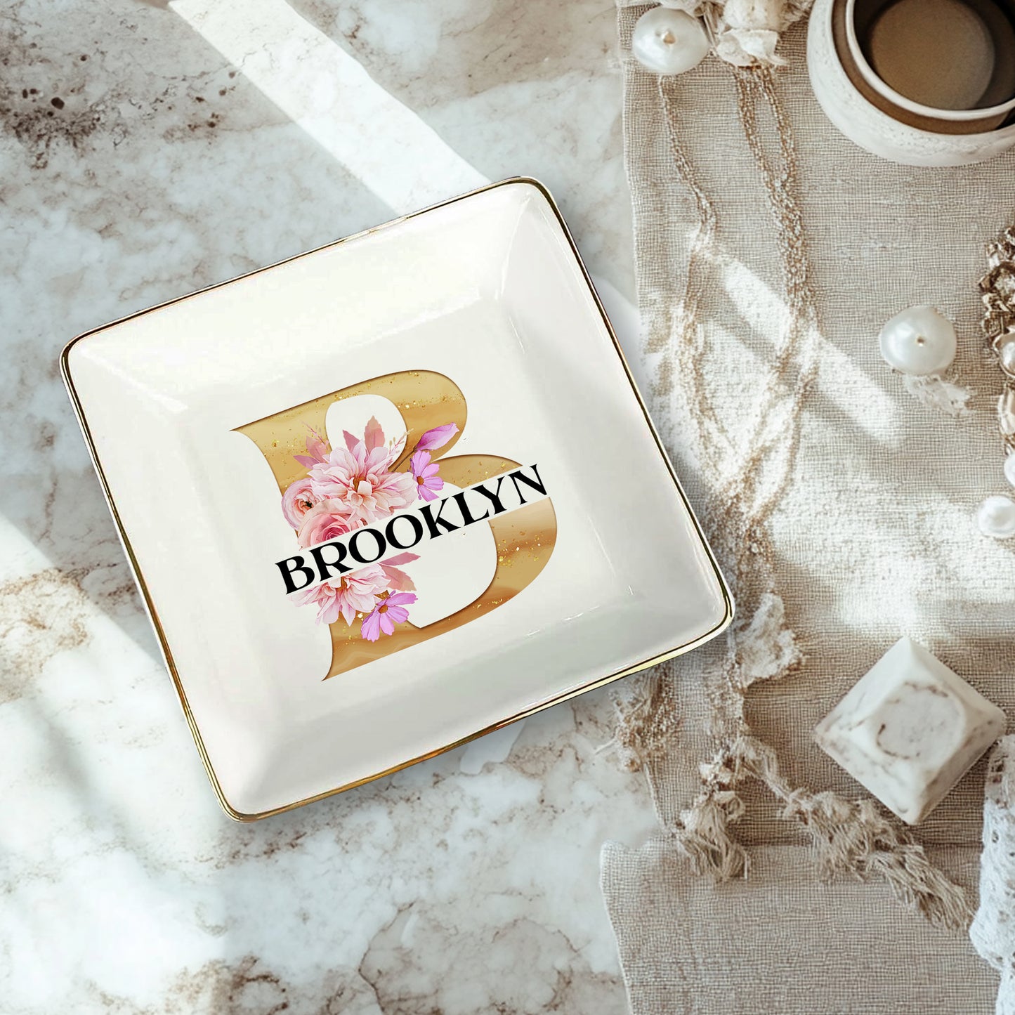 Netecom Customizable Jewelry Tray with Initials and Floral Design, Personalized Ceramic Tray for Home Decor or Family Gifts