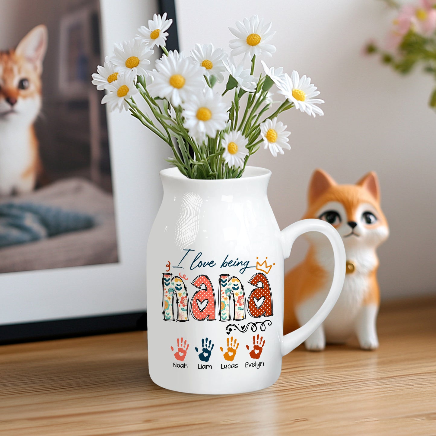 Netecom Personalized I Love Being NANA Ceramic Mug , Custom Grandkids Names and Handprints Coffee Cup , Unique Christmas or Mother's Day Gift for Grandma