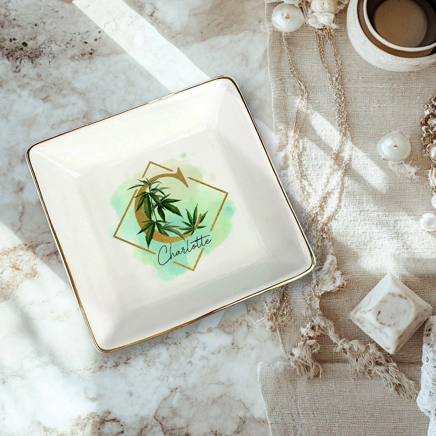 Netecom Custom Cannabis Jewelry Tray with Initials, Personalized Ceramic Tray with Gold Cannabis Design for Gifts or Home Decor