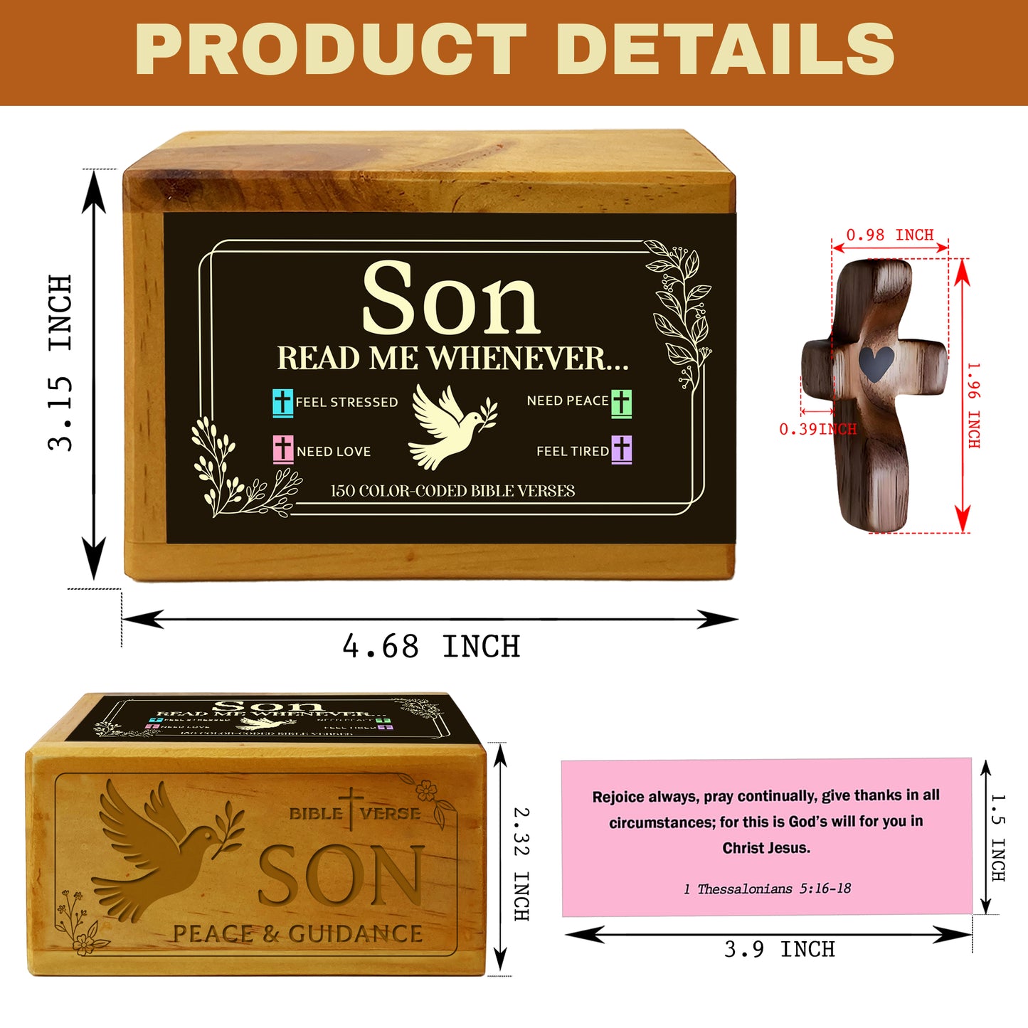 Son Bible Verses Wooden Box with Walnut Cross – 150 Color-Coded Christian Scriptures for Peace, Love, Strength & Encouragement – Perfect Gift for Sons
