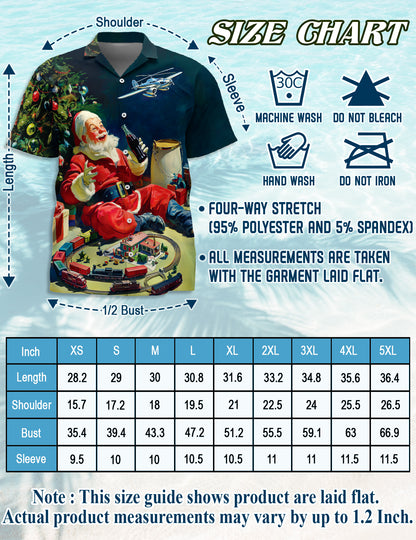 Netecom Vintage Santa Claus Christmas Train Hawaiian Shirt for Men, Retro Santa Xmas Button Down Short Sleeve Shirt