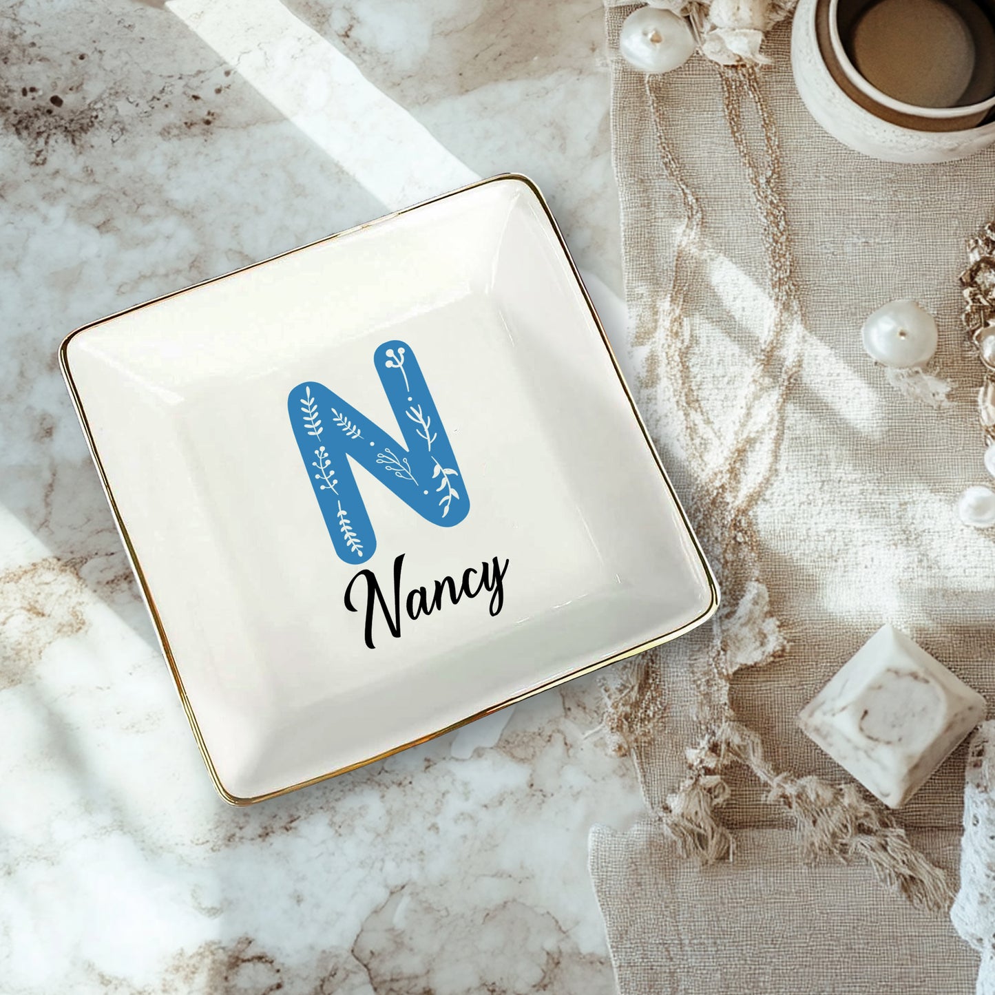 Netecom Custom Floral Jewelry Tray with Personalized Letter and Name, Elegant Ceramic Tray for Gifts and Home Decor