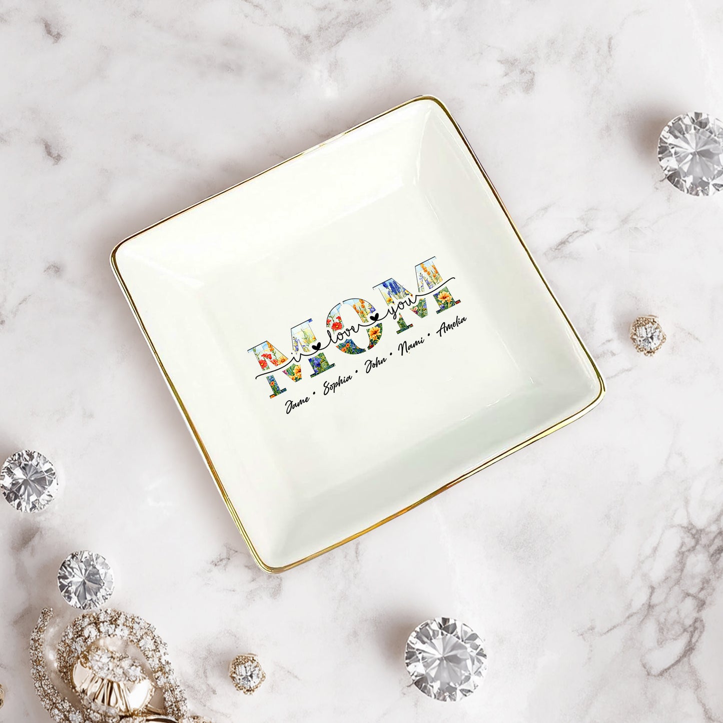 Netecom Floral "MOM" Ceramic Ring Dish with Custom Names, Heartfelt Gift for Mother's Day & Family Celebrations.