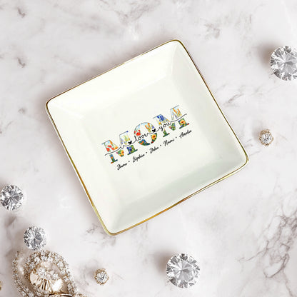 Netecom Floral "MOM" Ceramic Ring Dish with Custom Names, Heartfelt Gift for Mother's Day & Family Celebrations.