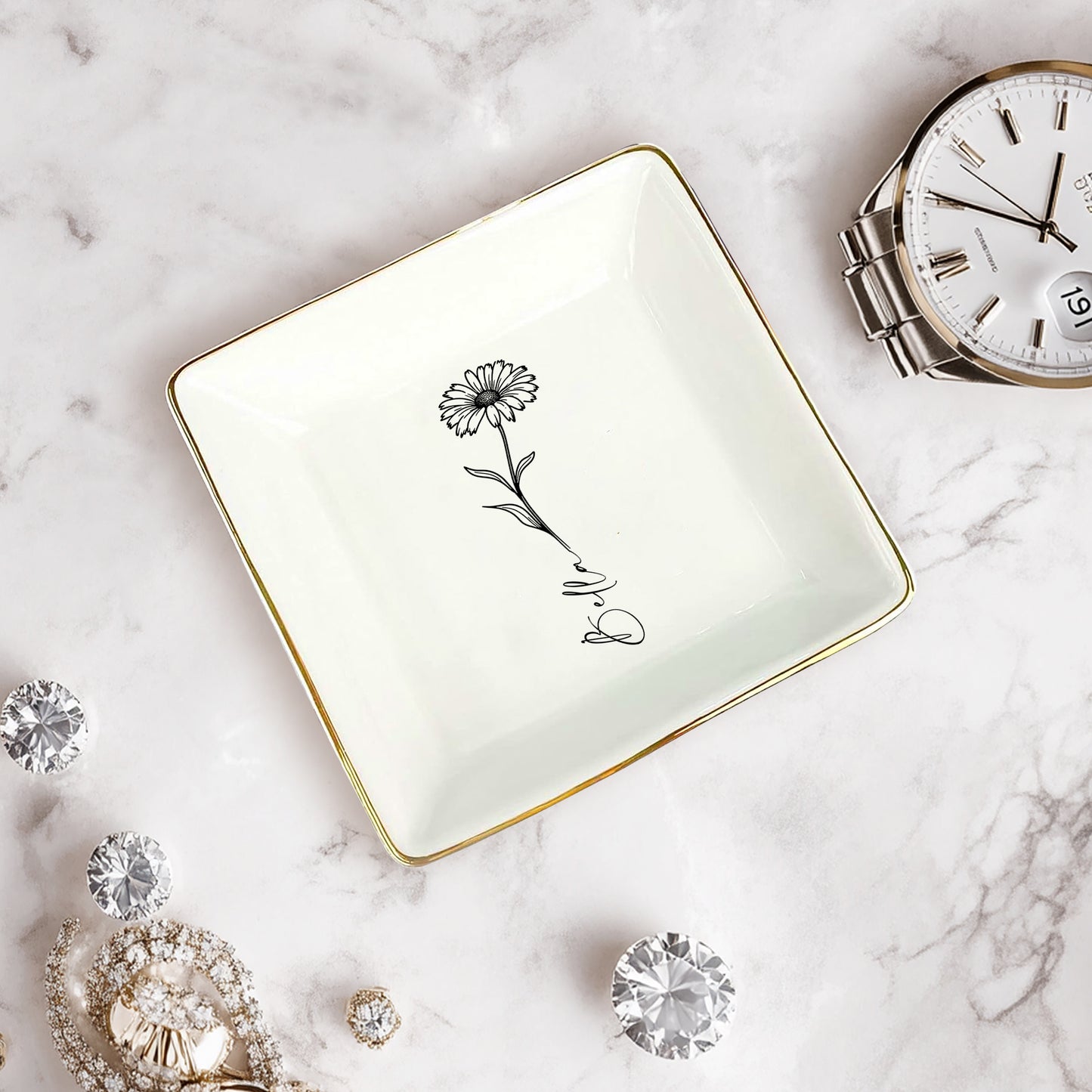 Netecom Personalized Birth Month Flower Trinket Dish , Custom Name Jewelry Holder , Bridesmaid Gift , Ceramic Ring Tray , Unique Christmas Present