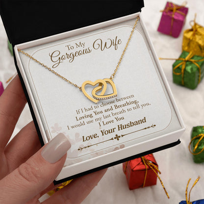 Netecom Personalized To My Gorgeous Wife Necklace from Husband, Custom Message Card with Name, Elegant Interlocking Heart Jewelry Gift for Couple, Wedding, Birthday, Christmas