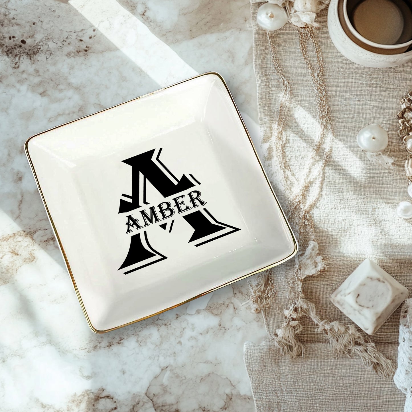 Netecom Personalized Ceramic Jewelry Tray with Custom Initials and Names, Elegant Gift for Weddings, Birthdays, or Special Occasions