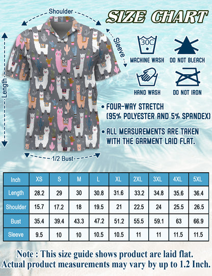 Netecom Cute Llama Hawaiian Shirt, Colorful Alpacas and Cactus Pattern Button Down Short Sleeve Shirt