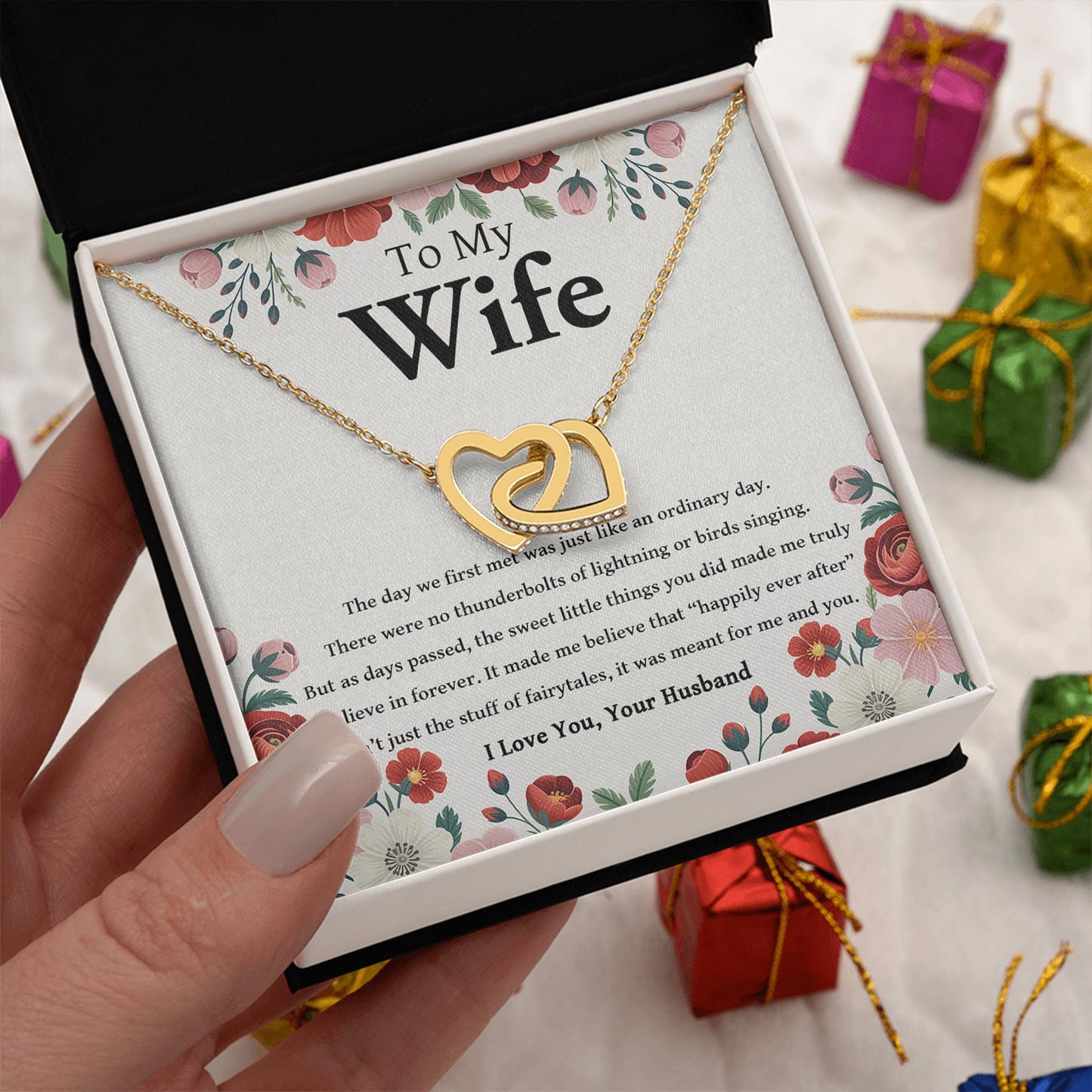 Netecom Personalized To My Wife Necklace from Husband, Interlocking Hearts Jewelry with Romantic Floral Card, Anniversary, Birthday, Christmas Gift