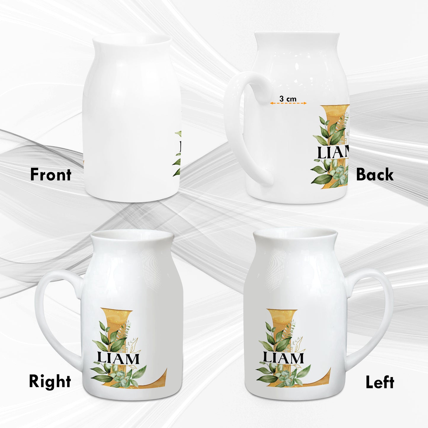 Netecom Personalized Ceramic Jug Vase with Gold Floral Initial and Name, Elegant Home Decor Pitcher, Perfect Gift for Christmas, Weddings, or Mother’s Day