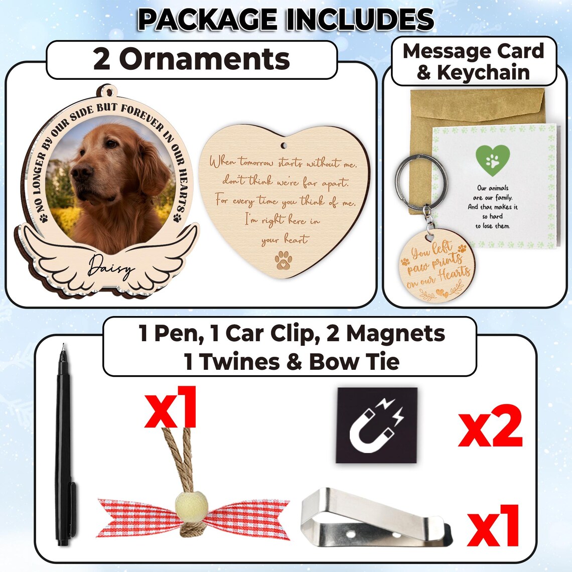 Netecom Pet Loss Sympathy Gift – Personalized Wooden Ornament, Keychain & Memorial Card Set for Christmas
