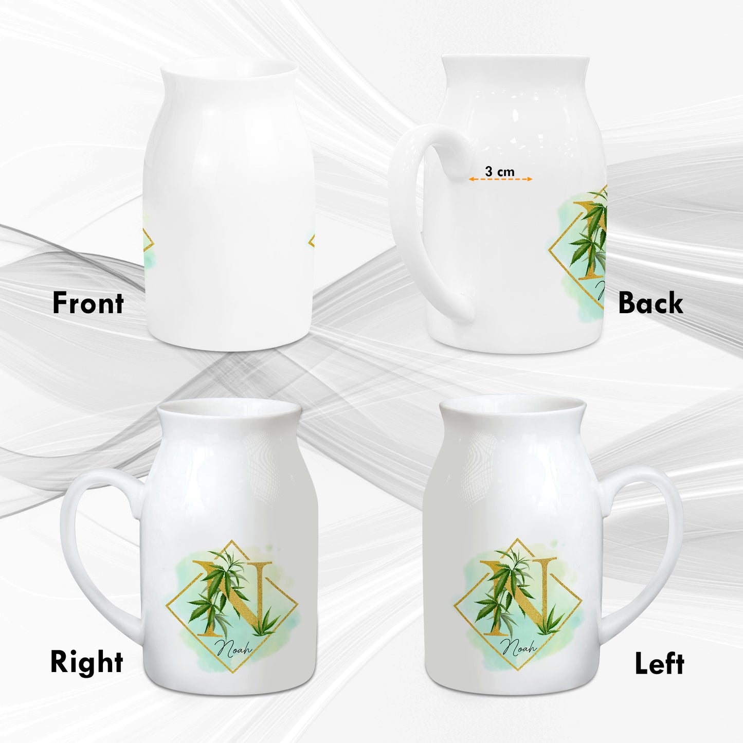 Netecom Floral Gold Initial Ceramic Pitcher with Custom Name, Elegant Farmhouse Vase for Wedding, Valentine’s Day, or Anniversary Gift