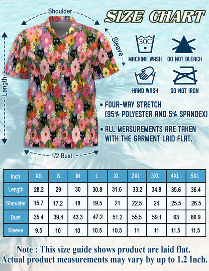 Netecom Black Cat Floral Hawaiian Shirt for Men Women, Cute Kitten in Colorful Daisy Garden Button Down Shirt